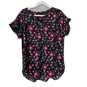Talbots Top Women’s L Shirt Blouse V Neck Short Sleeve Floral Black Red Work